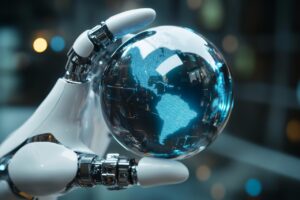 robot hand holding a globe