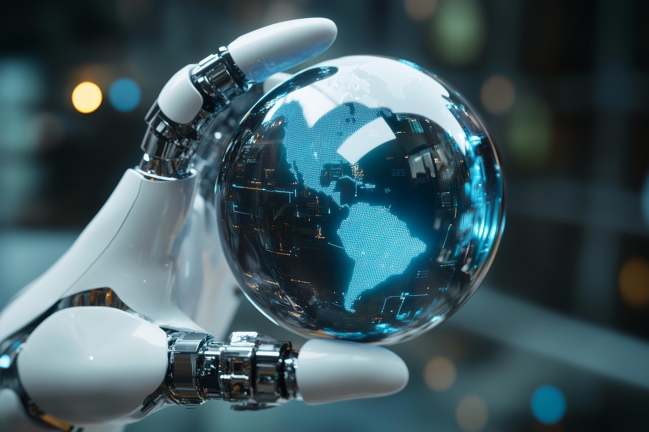 robot hand holding a globe