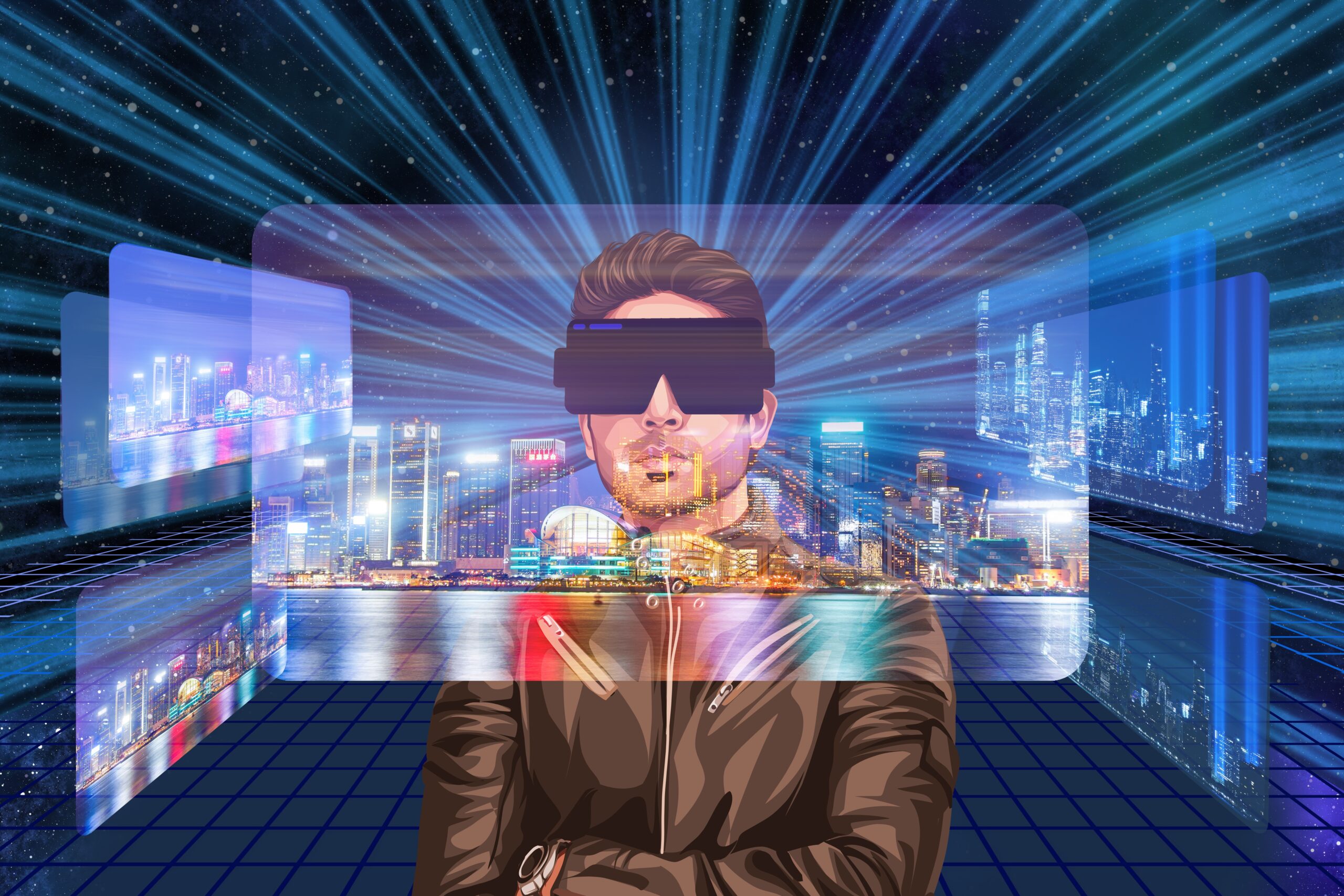 man on a computer looking at a city with a mask on
