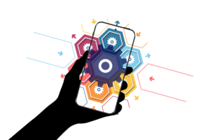 a person holding a phone with a gear showing in it